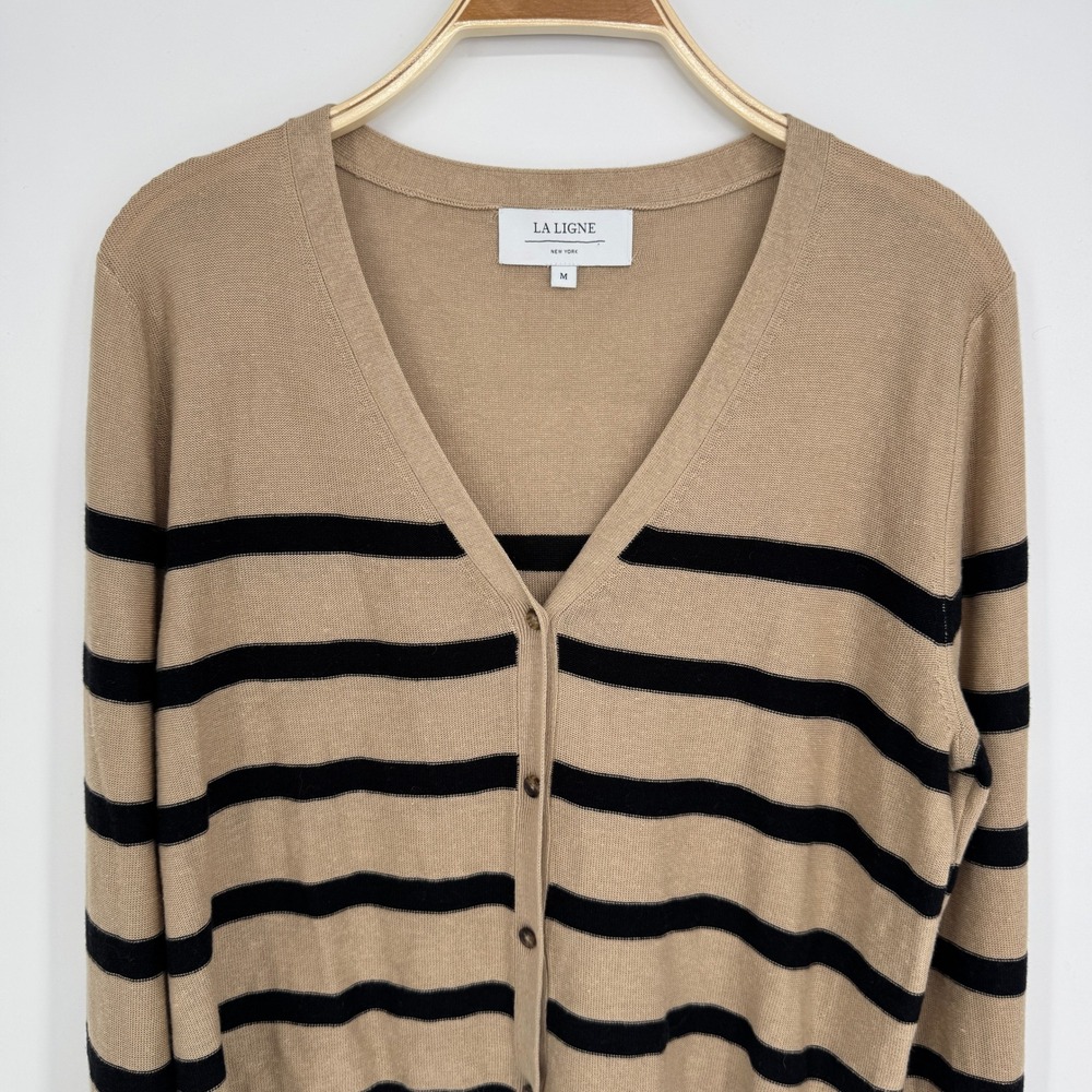 La Ligne Serge Cardigan Medium Tan Black Striped V-Neck Button Front Lightweight - Picture 6 of 13